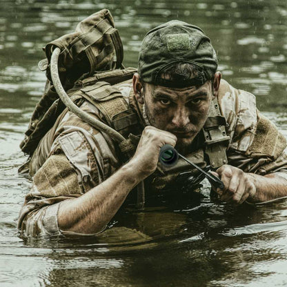 Militaire porte le monoculaire puissant.